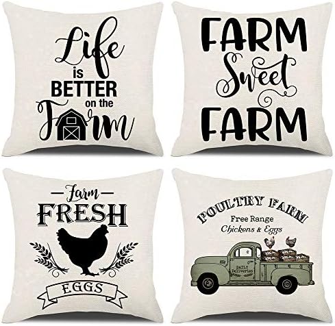 KACOPOLRustic Farmhouse Quote Pillow Covers Farmhouse Decorative Throw Pillow Case Cushion Cover with Words for Sofa Couch 18" x 18" Set of 4 Farm Sweet Farm, Vintage Truck with Chicken