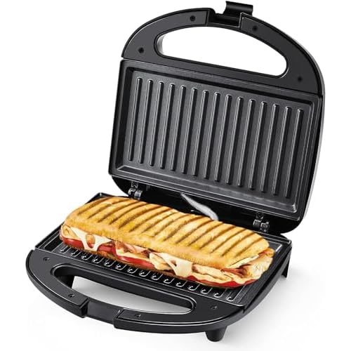 YASHE Grill Panini, 750W Appareil Panini avec Plaques Anti-adhésif, Appareil Croque Monsieur, Température Automatique, Indicateur LED, Poignée Cool Touch
