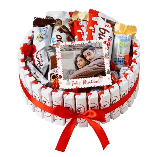 Onza Cesta Kinder Navidad Roscón de Reyes para regalar - Regalo Navidad Mujer, Hombre - Regalos Personalizados con Foto - Cesta de Chocolates y Bombones Kinder Bueno pack: Chocobons, Happy Hippo