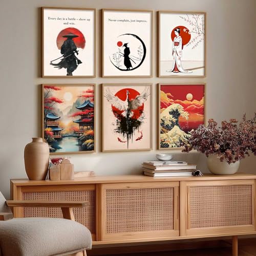 Image of HOTHOUSE Japanese Samurai Motivational Art Wall Framed Posters | Aesthetic Japanese Art Framed Poster for Living Room Bedroom Gaming Room Studio Wall Decor Set Of 6 (10X13 inch)