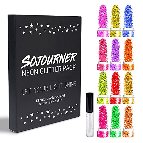 Chunky Cosmetic Holographic Neon Glitter I Body, Face & Hair Safe I 12 Pack + 1 Glitter Primer