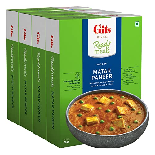 Image of Gits Ready to Eat Matar Paneer, Pure Veg, Heat and Eat, Microwaveable 1140g (Pack of 4 X 285g Each)