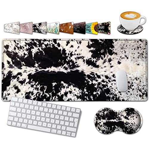 Large Gaming Mouse Pad, 31.5x11.8 in Extended Computer Mouse Mat with Non-Slip PU Base, Ergonomic Memory Foam Keyboard Wrist Rest, for Work & Gaming, Office Desk Pad Black White Cowhide Fur