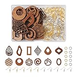 FASHEWELRY 24Pcs Natural Filigree Wood Earring Charms Blank Flat Round Teardrop Oval Walnut Wooden Pendants with 120pcs Hooks Jump Rings for DIY Boho Earring Making Kits