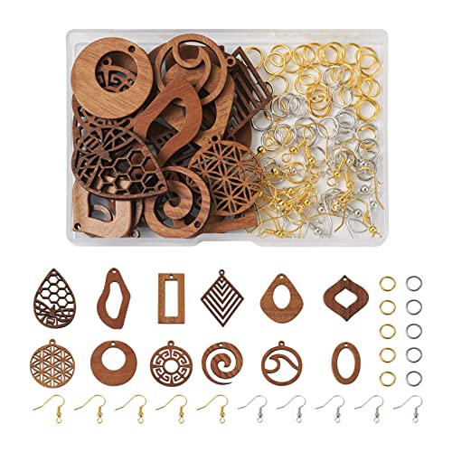 FASHEWELRY 24Pcs Natural Filigree Wood Earring Charms Blank Flat Round Teardrop Oval Walnut Wooden Pendants with 120pcs Hooks Jump Rings for DIY Boho Earring Making Kits