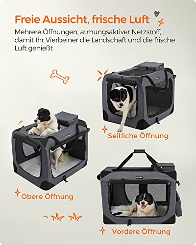 Feandrea Hundebox faltbar, Transportbox Hund, XL, Hundetasche, Oxford-Gewebe, Netzstoff, atmungsaktiv tragbar transportabel, Metallrahmen, mit Griffen, Taschen, 81 x 58 x 58 cm, grau PDC008G01