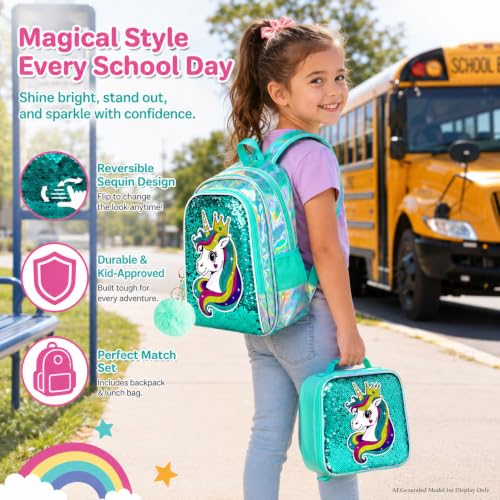 Image of CCJPX 16 inch Unicorn Backpack for Girls, 3Pcs Kids Sequin Bookbag with Lunch Box, Water Resistant Elementary School Bag for Kindergarten Preschool Toddler (Green)