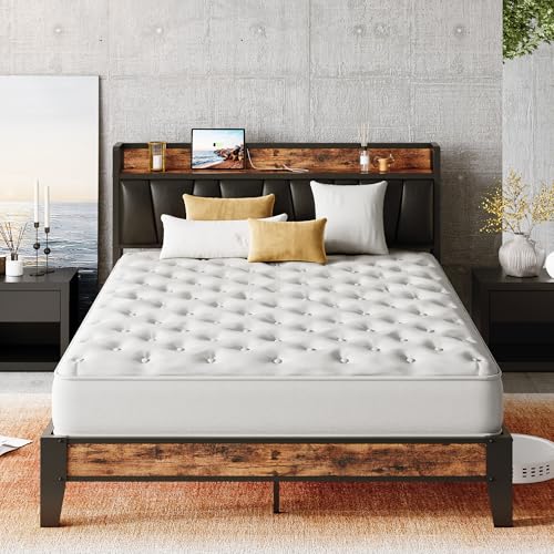 LIKIMIO Full XL Bed Frame, Storage Headboard with Charging Station, Solid and Stable, Noise Free, No Box Spring Needed, Easy Assembly(Vintage and Black)