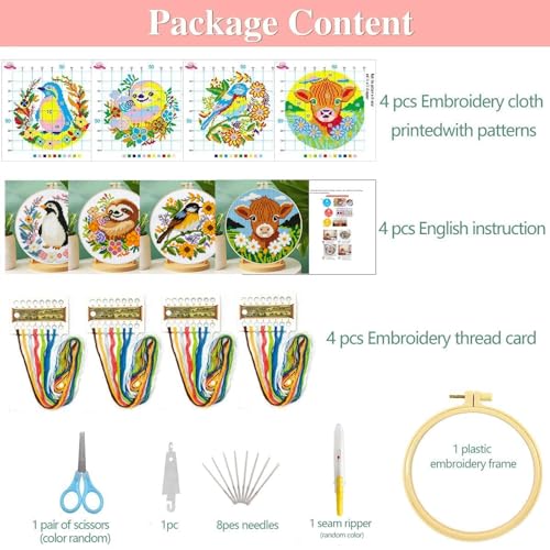 Image of Zhenging Animal Cross Stitch Kit - 4 Pre-Printed Designs (Sloth, Bird, Penguin, Calf) with 11CT 9.45x9.45 Inch Fabric, Hoop, Scissors, Threader & Tools for Beginners & Adults