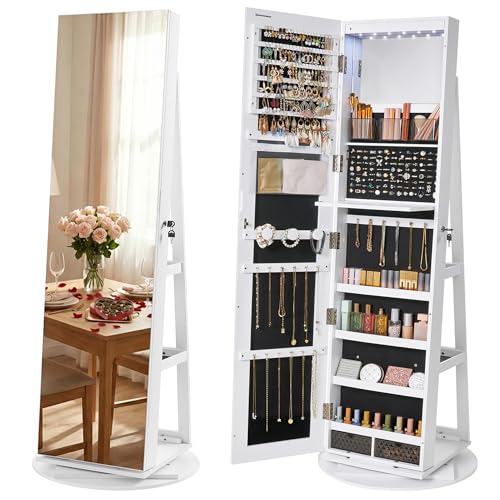 SONGMICS JJC007W01 Schmuckschrank mit Spiegel auf Füßen, abschließbar, mit 6 LEDs, Schmuckaufbewahrung, um 360° drehbar, rahmenlos, 3 Ablagen, weiße Oberfläche, schwarze Innenauskleidung