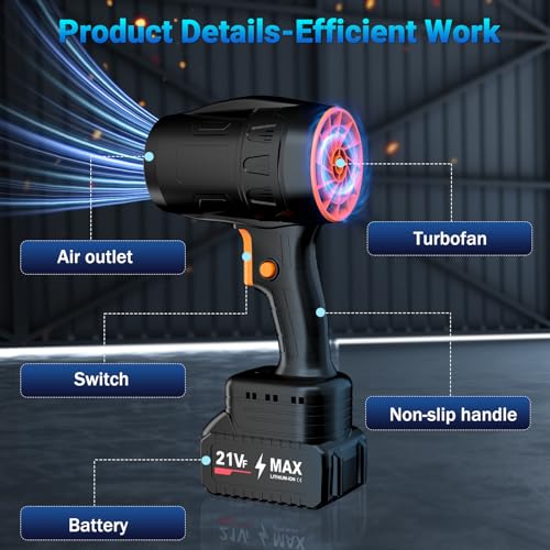 Image of Handheld Electric Cordless Leaf Blower - 500,000RPM Mini Turbo Jet Blower with 2x4.0Ah Batteries & Charger, Lightweight for Patio, Lawn, Garage Cleaning (Black)