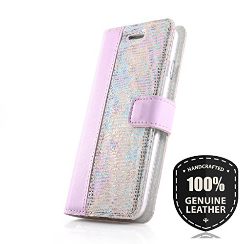 Preisvergleich Produktbild SURAZO Snake Sparkle - Premium Zweifarbige Ledertasche Schutzhülle Wallet Case aus Pastell Echtesleder mit Kreditkarten Fachern - Farbe Rosa Samsung Galaxy J3 2017 (J330) (Vertical Camera)