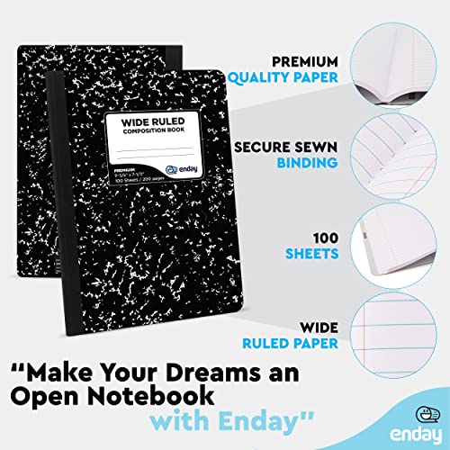 Emraw Black & White Marble Style Cover Composition Book with 100 Sheets of Wide Ruled Paper (2 Pack)