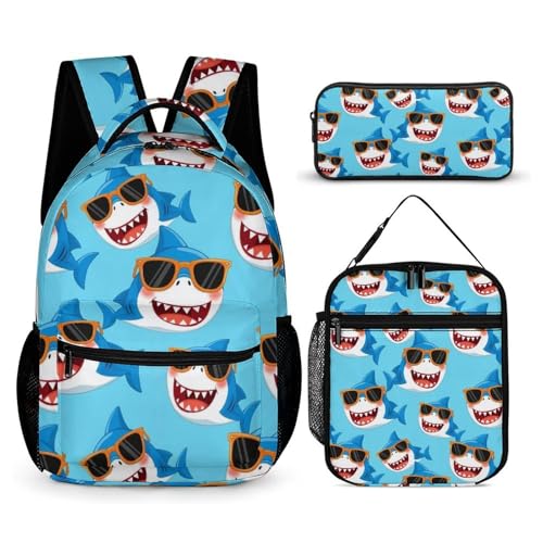 Backpack Book Bags with Lunch Box Storage Bag Backpack Set Daypack with Lunch Bag and Cosmetic Bags (Shark (16))