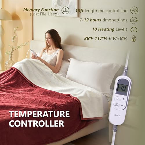 Heat Blanket 50”x60” Throw,Soft Flannel & Sherpa Reversible Electric Blanket with 10 Heat Settings,12 Timer Setting and 3 Hours Auto-Shut Off,ETL Certified Machine Washable,Red