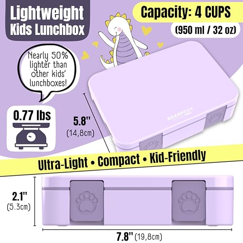 Image of BEARFOOT Kids Lunch Box with Compartments - Compact & Lightweight | Leak-Proof, BPA-Free, Dishwasher Safe | Hand-Drawn Design for Preschool, School, Travel (Purple, 4 Cups)