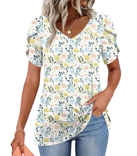 Image of CATHY 2026 Women Tops Summer Short Sleeve Tunic V Neck T-Shirts Loose Casual Floral Blouse S-4XL
