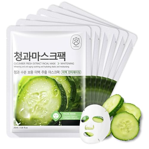 Shefave Sheet Mask Korean Mask, Tuchmasken 6 Stück Rice Essence Gesichtsmaske, Gleichmäßiger Hautton, Hydrating Reismasken (M, Gurke)