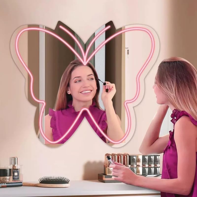 Butterfly Mirror Neon Sign Led Butterfly Lights Dimmable USB Pink Wall Mirror Neon Light for Living Room Bathroom Bedroom,Christmas Birthdays Gifts for Girls Women