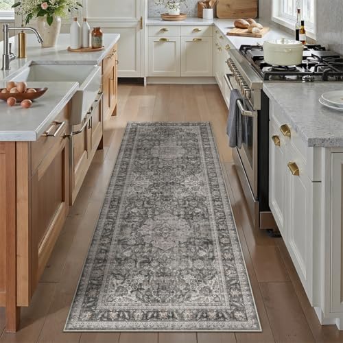 2x6 Washable Black Grey Vintage Runner Rug for Kitchen Hallway Non-Slip Low Pile Carpet Traditional Retro Distressed Accent Vacuumable Throw Rug for Entryway Bedroom Indoor