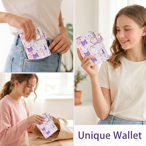 Image of COSHAYSOO Aesthetic Wallet for Ladies Teen Girls - Womens RFID Blocking Purse with Card Slots ID Window Zipper Coin Pocket - Waterproof PU Leather Small Cute Keychain Wallet - Pink Cat