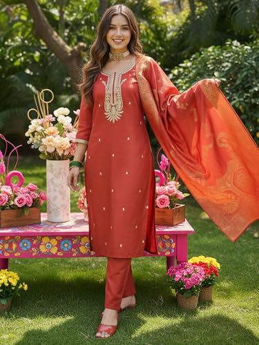 Image of INDO ERA Women's Viscose Self Design Straight Kurta with Pant & Dupatta Set