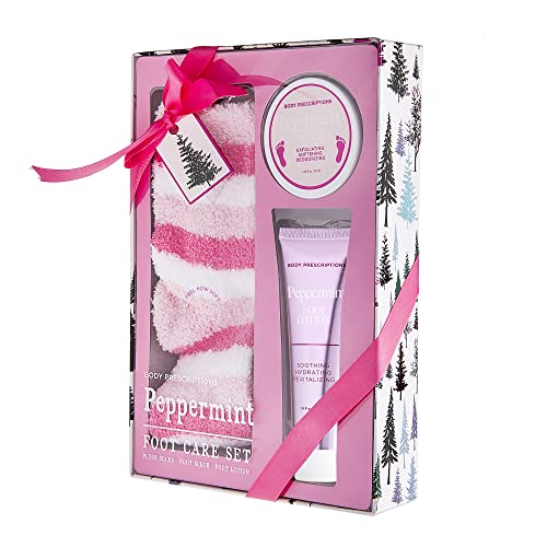 Live Green Bath and Body Pedicure Gift Set- Relaxing Foot Care Set with Pink Fuzzy Socks, Peppermint Foot Lotion, and Foot Scrub, Holiday Gifts for Women