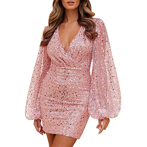 Robe à paillettes moulante à manches longues avec col en V flatteur et anti-frottement