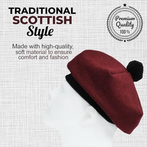 Image of Scottish Tam O' Shanter Hat Tartan Bonnet Pom Pom Wool Flat Cap One Size
