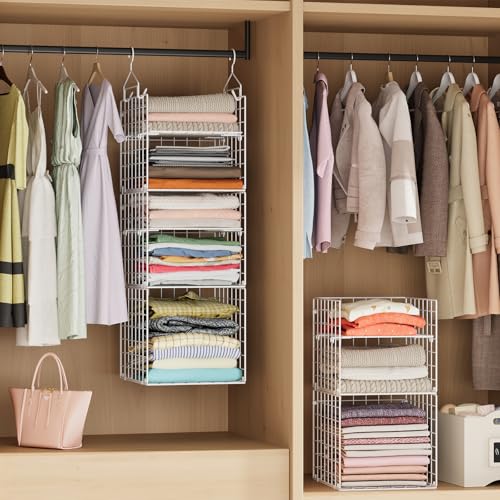 Image of X-cosrack Closet Hanging Organizer and Storage - 5 Tier Hanging Shelves, Wire Closet Shelf Organizer Basket with Adjustable Dividers for Home Clothing Sweaters Shoes Handbags