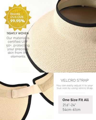 Image of FURTALK Womens Sun Hat with Ponytail Hole Wide Brim Beach Straw Visor | Foldable & Packable for Beach Vacations, Adjustable Fit for Messy Buns, Detachable Windproof Strap, Sweat-Wicking Inner Band