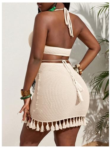 Floerns Women's Summer Knitted V Neck Tassel Cut Out Bodycon Mini Dress Halter Tie Back Crochet Beach Dresses2