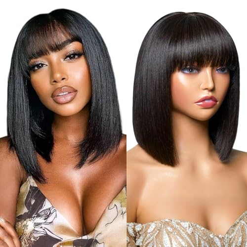 Ruiyu 250 Density 2x4 HD Lace Front Wigs Bob Human Hair Wigs with Bangs for Black Women Straight Wear and Go Glueless Lace Closure Wigs for Beginners 100% Brazilian Virgin Human Hair 12 Inch