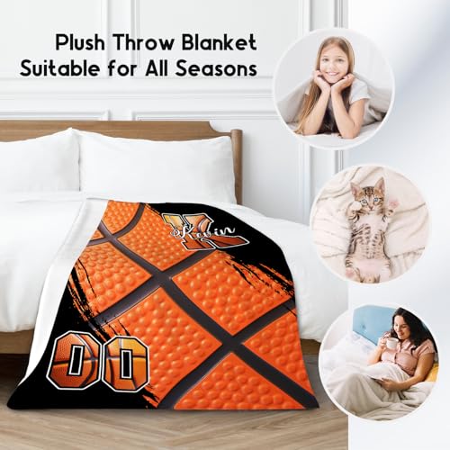 Custom Basketball Blanket, Soft Sport Throw Gifts with Name, Cozy Flannel Throw Blankets for Bed Travel, 50"x60" Gift for Boys Girls
