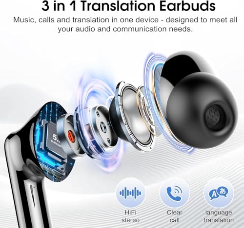 Image of Csasan Ai Translation Earbuds Real Time,3-in-1 Buletooth 5.3 Translator Earbuds with 6 Translation Modes /164 Languages,No Subscription Required Translatior Headphones,Carbon Black
