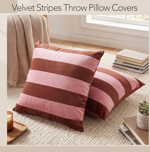 Image of Flutesan 2 Pack Velvet Stripes Throw Pillow Covers - 18x18 Inch Pink and Brown Velvet Pillow Cover Decorative Modern Square Cushion Cases for Sofa Couch Bed Chair Living Room Decor