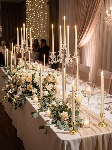 Image of 24 Pcs Flameless Taper Candles with Holders Remote Timer Battery Operated Candles Bulk LED Candlesticks Flickering for Valentines Wedding Home Window Carnival Party Decor(Gold,Classic Style)
