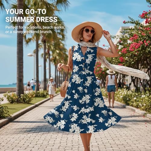 Image of Women Casual Dress Summer Stripe Button V Neck Sleeveless with Pocket Long Dresses Holiday Beach Party Midi Dress