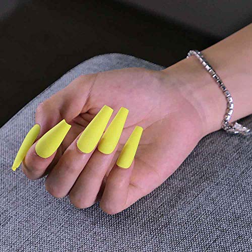 Poliphili 20 Pcs Matte Pure Color Super Long Removable Wear Fake Nails Ballerina Coffin Extra Long Art Manicure Tips Full Cover Acrylic Press on False Nails for Girls and Women (Yellow)