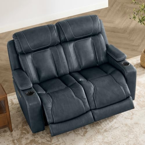 Image of Watson & Whitely Reclining Sofa Loveseat W Power Lumbar, Leather Blue