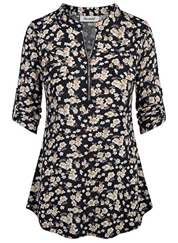 Ninedaily 3/4 Sleeve Blouses for Women, Oversized Clothing Modest Fashion Lightweight Long Dressy Shirts Sexy V Neck Lady Elegant Tunic Tops in XL BlackBeige Comfy Boho Tops