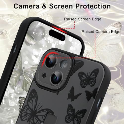 Image of for iPhone 15 Case with Finger Strap Holder, Cute Cool Butterfly Print Pattern Design for Women Men, Shockproof Anti Scratch Hand Kickstand Protective Cover, Gray