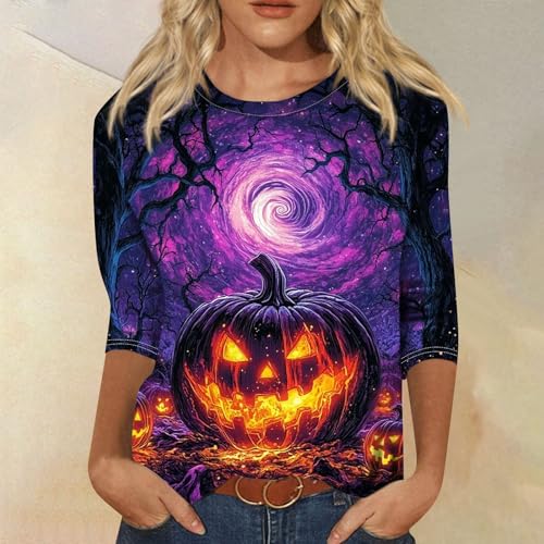Cute Funny Halloween Shirts for Women Plus Size 3/4 Length Long Sleeve Womens Tops Witch Gothic Renaissance Shirt