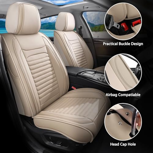 Image of Car Seat Covers Fit for VW Jetta 2007-2026(Beige,Front) | Full Coverage Faux Leather Seat Protector Waterproof Airbag Compatible and All-Weather Automotive Seat Covers