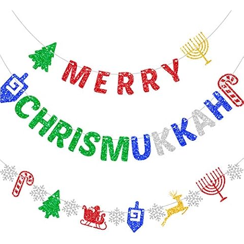 Merry Chrismukkah Banner Glitter Christmas Hanukkah Mixed Banner Christmas Banner Hanukkah Banner Decor Party Decorations Chanukah Festival Party Supplies Cover