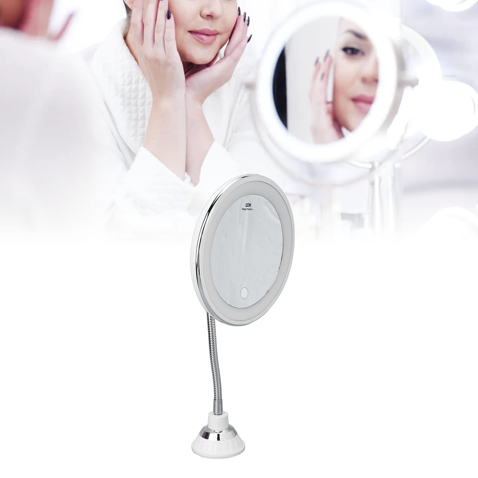 Agatige Specchio illuminato per il trucco con ingrandimento 10x, braccio girevole a 360 gradi, specchio LED a luminosità regolabile con ventosa per casa, bagno, ufficio e viaggi
