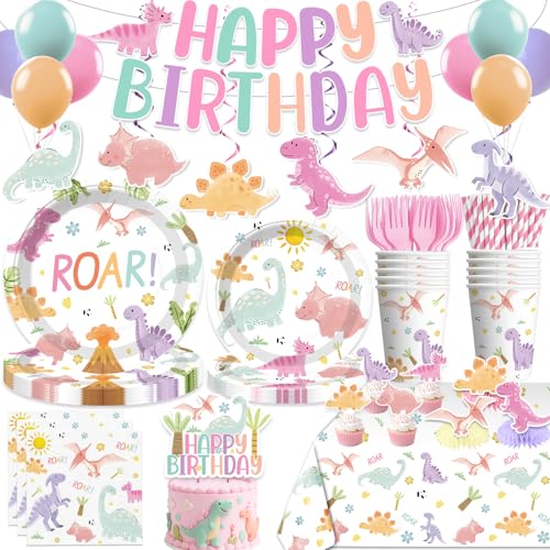 201 Pcs Pastel Dinosaur Birthday Decorations Girl, Dinosaur Birthday Banner, Cupcake Toppers, Disposable Table Cloth, Plates and Napkins Pink Watercolor Cute Girls Dino Theme Party Supplies