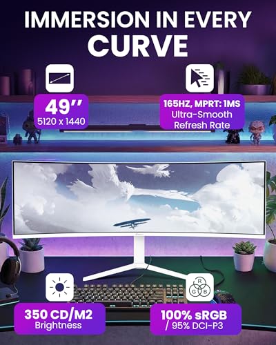 Image of Arozzi Curved Gaming Monitor Nova 49 inch VA 165Hz - Computer Monitor Ultrawide QHD 1440p - Adaptive Sync, HDR10 & Flicker Free Display - 100% sRGB Color Accuracy - PC & Console Ready - White
