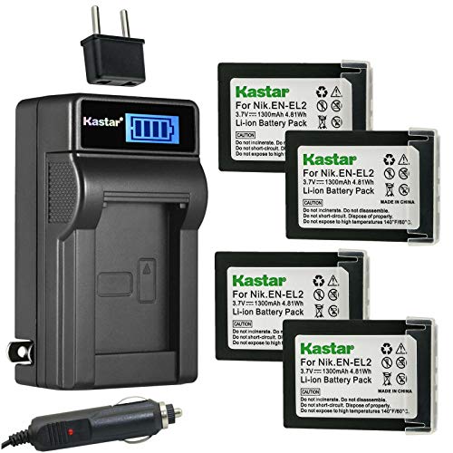 Kastar 4-Pack EN-EL2 Battery and LCD AC Charger Compatible with Nikon EN-EL2 ENEL2 EL2 Battery, Nikon MH-60 Charger, Nikon Coolpix 2500, Nikon Coolpix 3500, Nikon Coolpix SQ Digital Cameras