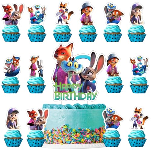 25Pcs Zootopia Cake Decorations with 24pcs Cupcake Toppers 1pcs Big Cake Topper for Zootopia Birthday Party Supplies